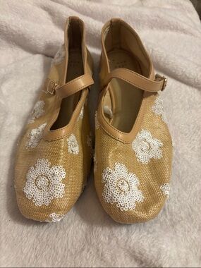 a new day Tan Mary Jane Flats with White Sequin Floral Appliqué
